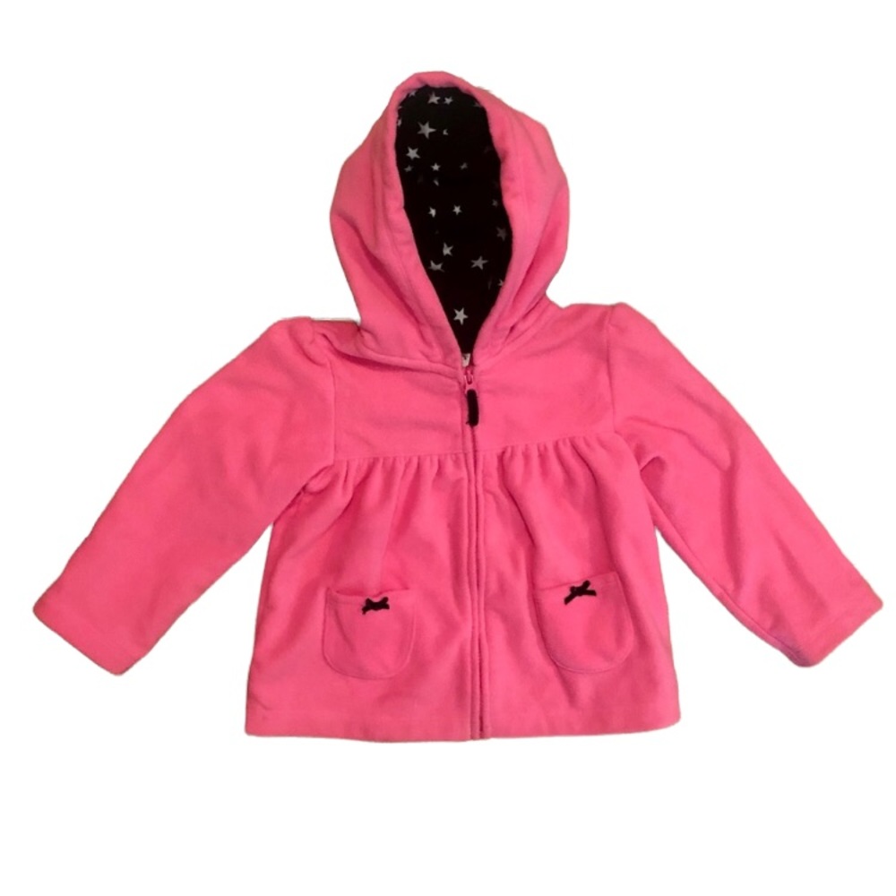 Carter’s Pink zip up hooded fleece with two black bows on the front pocket, 24M